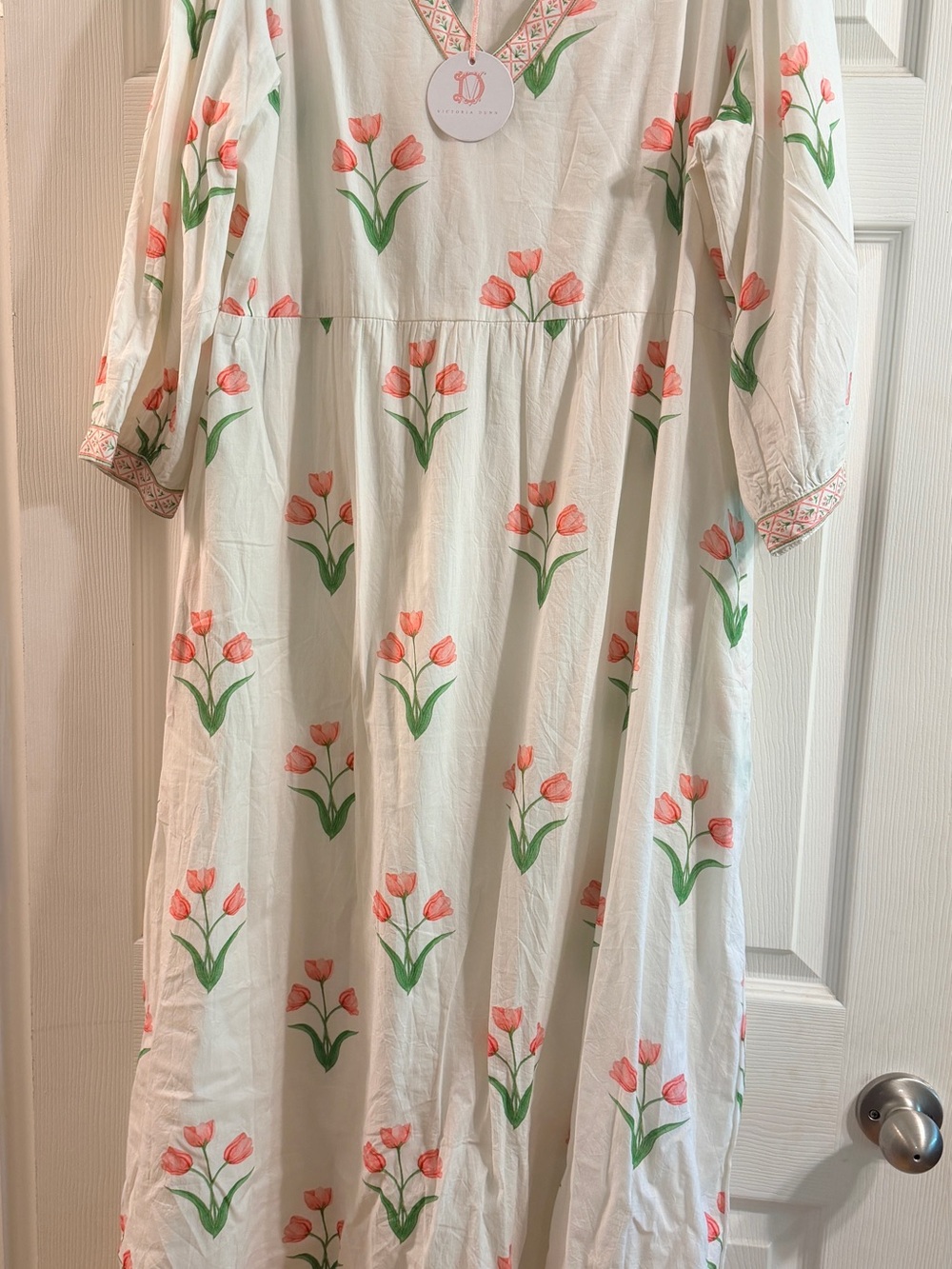 Victoria Dunn White Tulip Print Cotton Maxi Dress size L NWT
